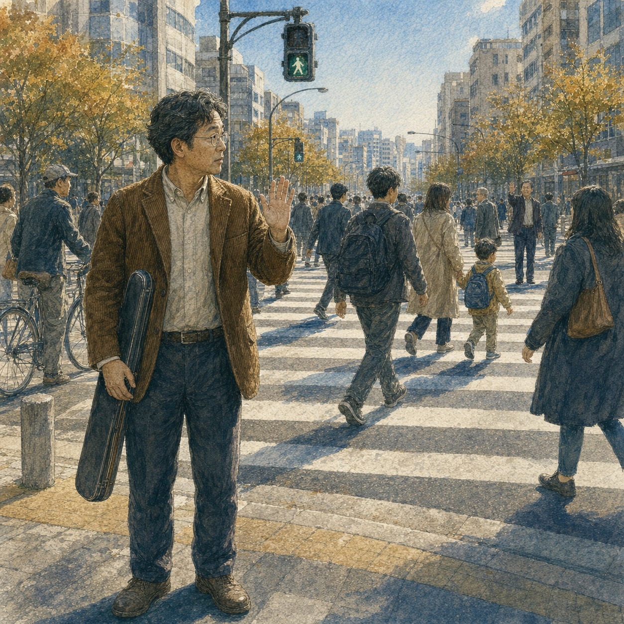 信号の青 — 駅のベンチ